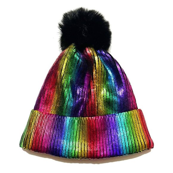Boutique Accessories - Metallic Rainbow Multicolor Beanie Hat Fur Ball